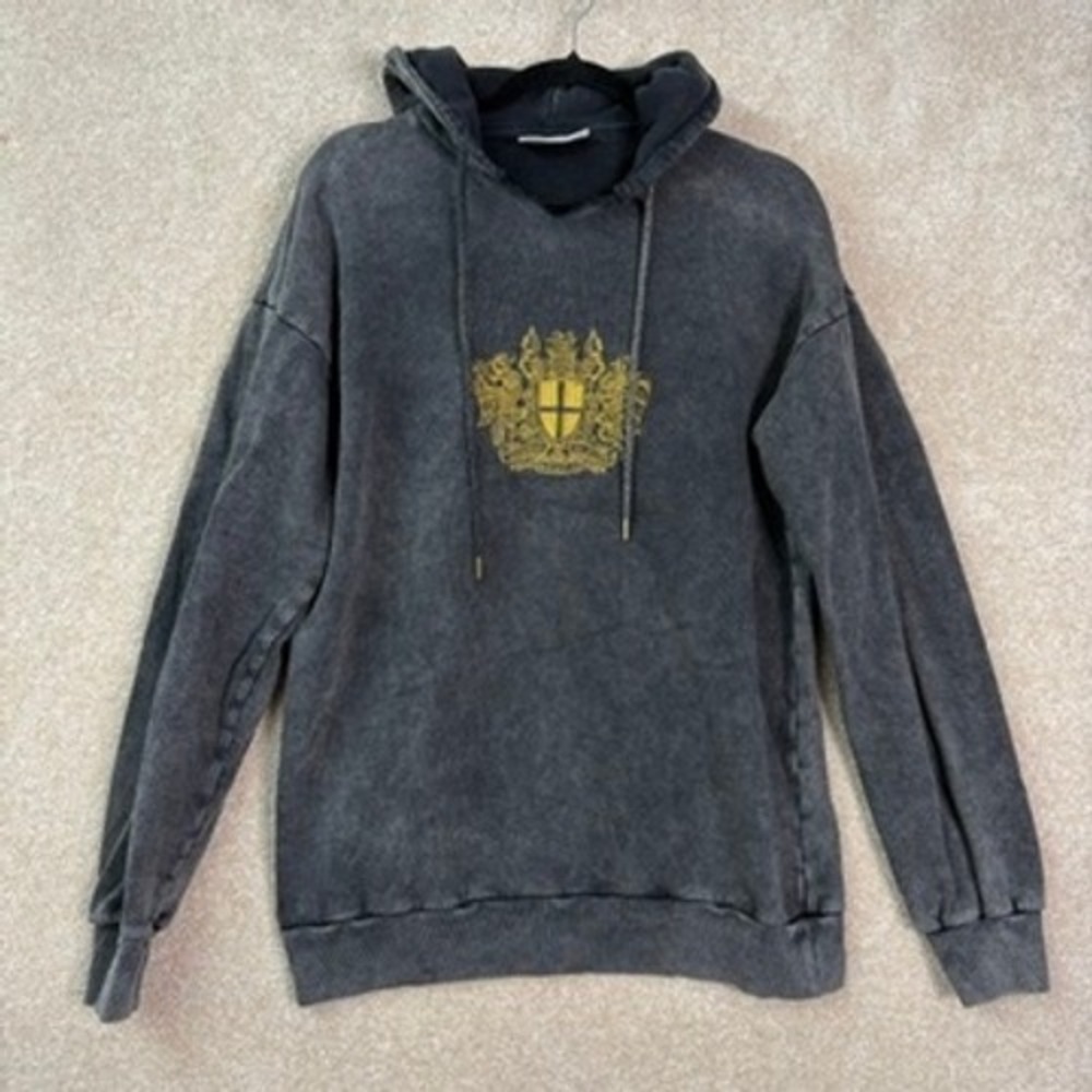 HAN KJOBENHAVN Hoodie Mens Medium Gray Acid Wash Crest Logo Pullover Sweatshirt